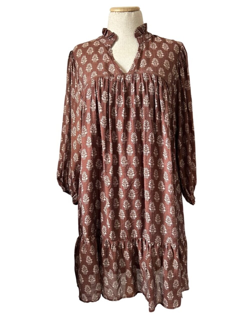 Umgee Women's Sz Large Brown Floral Print Boho Dress With Ruffle Neckline